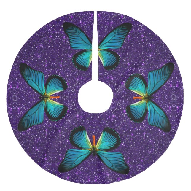 Blue Butterfly On Purple Glitter Tree Skirt (Front)