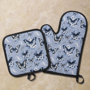 Blue Butterfly Pattern Oven Mitt & Pot Holder Set