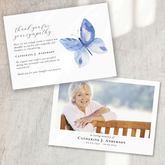 Blue Butterfly Photo Sympathy Funeral Memorial Thank You Card (Creator Uploaded)