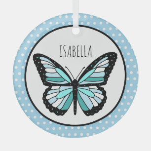 Blue Butterfly Polka Dot Personalised Christmas Glass Tree Decoration