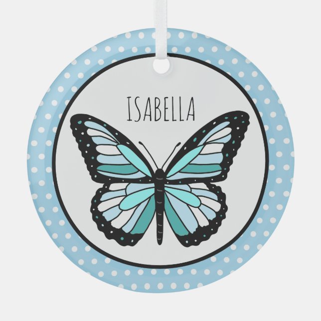 Blue Butterfly Polka Dot Personalised Christmas   Glass Tree Decoration (Front)