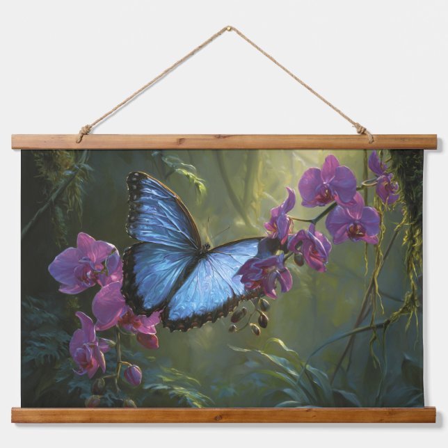 Blue Butterfly Purple Blossom Forest Wall Art (Front)