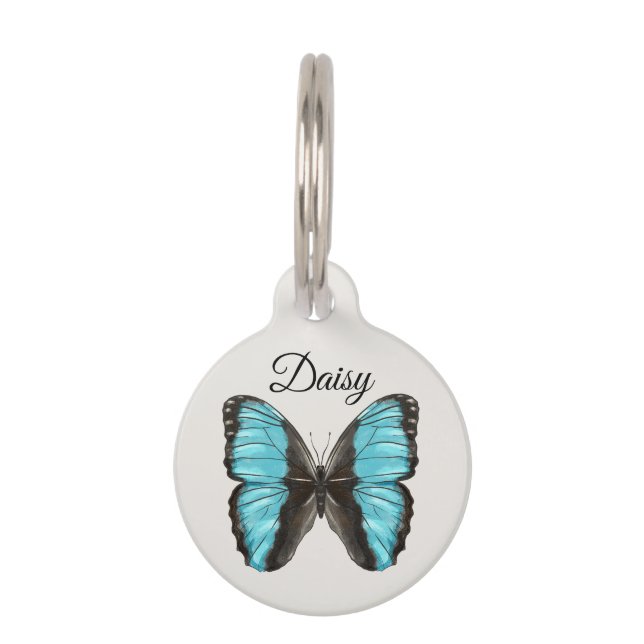 Blue Butterfly QR Code Phone Number Pet Tag (Front)