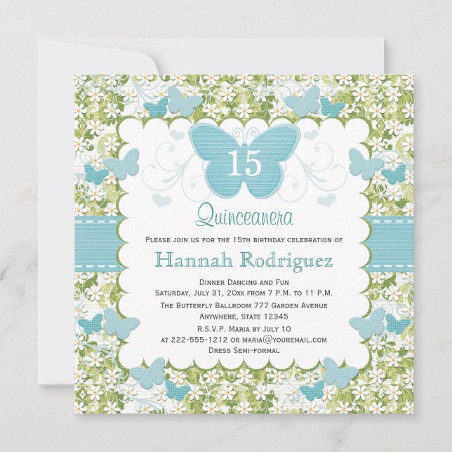 Blue Butterfly Quinceanera Invitations Photo (Front)