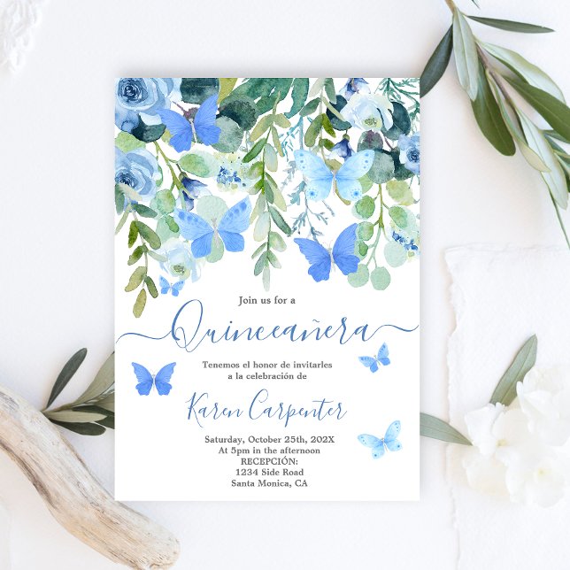 Blue Butterfly Quinceañera Sweet 15 Birthday Invitation (Creator Uploaded)