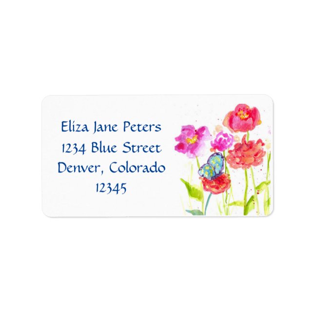 Blue Butterfly Red Poppy Watercolor Flowers Label (Front)