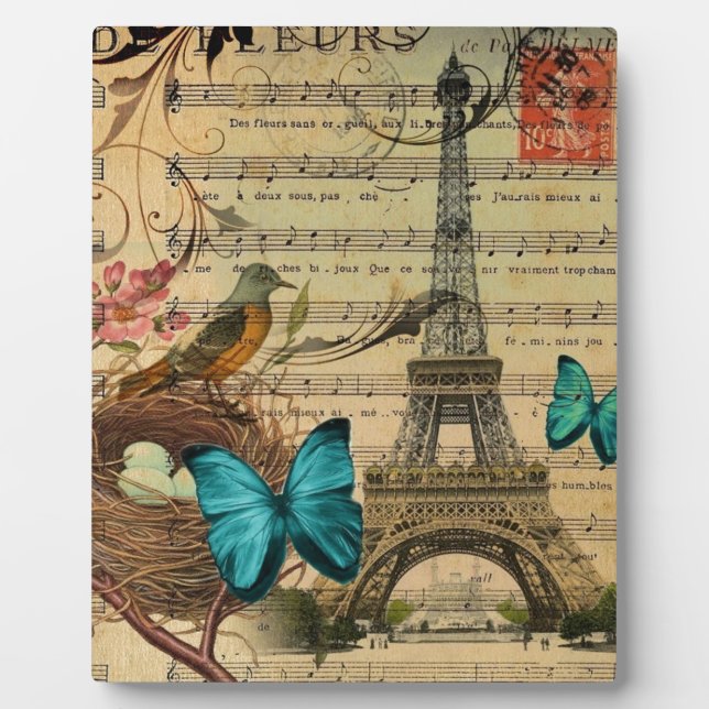 Blue butterfly Robin bird nest Paris Eiffel Tower Plaque (Front)