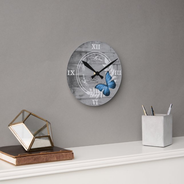 Blue Butterfly Rustic Acrylic Wall Clock (Office)