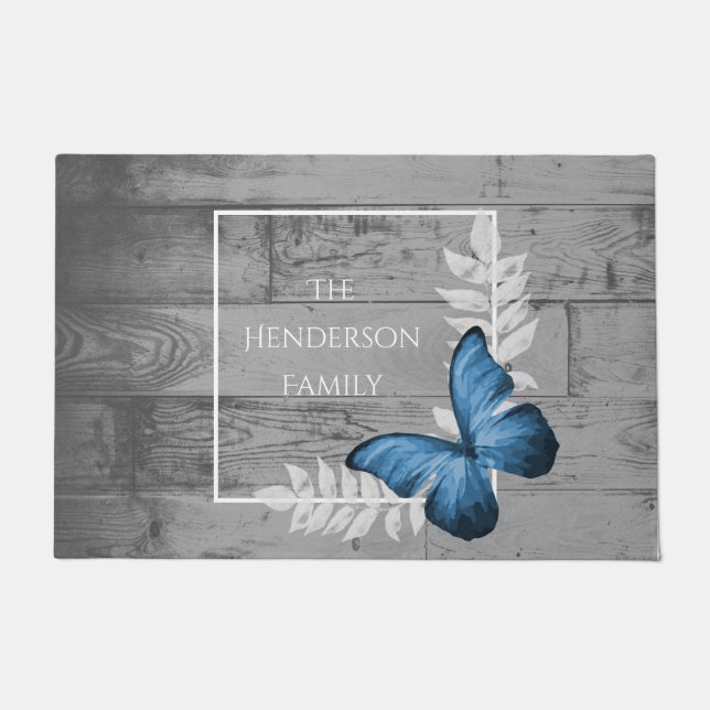 Blue Butterfly Rustic Personalised Doormat (Front)