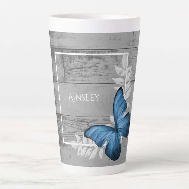 Blue Butterfly Rustic Personalised Latte Mug (Front)
