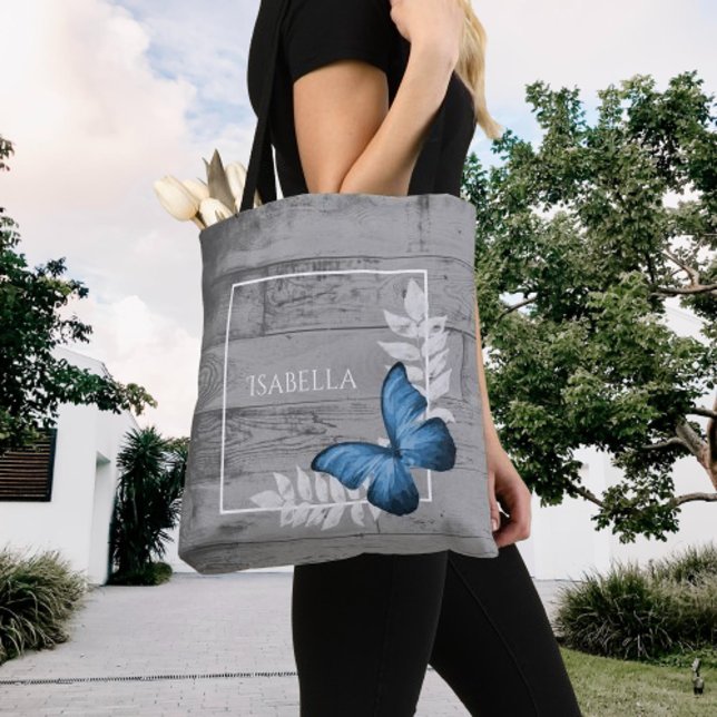 Blue Butterfly Rustic Personalised Tote Bag (Blue Butterfly Rustic Personalized Tote Bag)