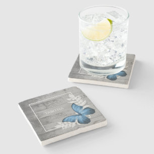 Blue Butterfly Rustic Personalized Stone Coaster