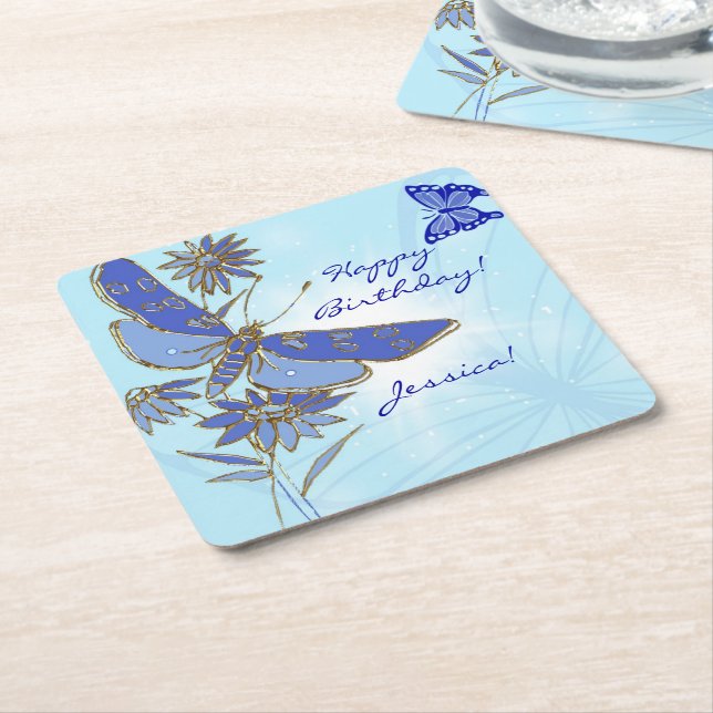 Blue Butterfly Square Paper Coaster (Angled)