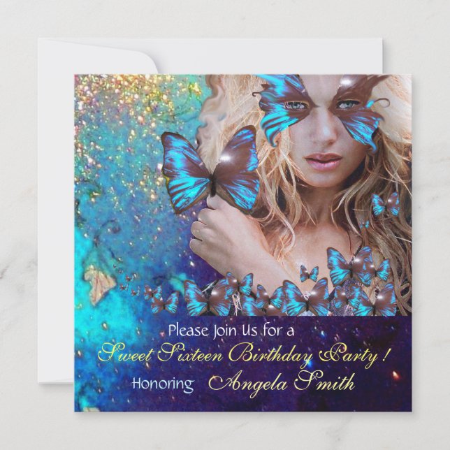 BLUE BUTTERFLY SWEET 16 PARTY  MONOGRAM,Champagne Invitation (Front)