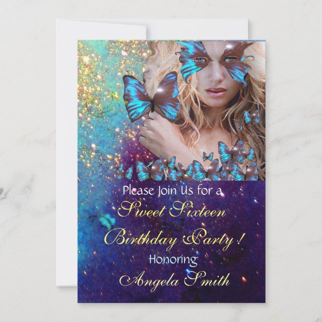 BLUE BUTTERFLY SWEET 16 PARTY  MONOGRAM INVITATION (Front)