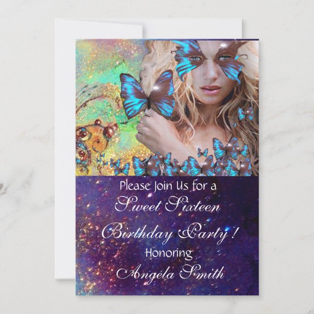 BLUE BUTTERFLY SWEET 16 PARTY  MONOGRAM, INVITATION (Front)