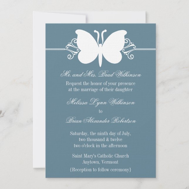 Blue Butterfly Swirls Wedding Invite (Front)