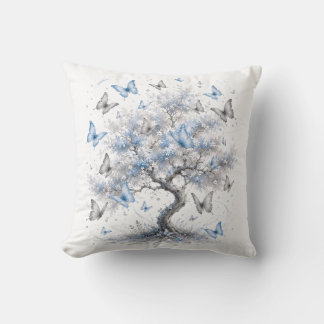 Blue Butterfly Tree Throw Pillow