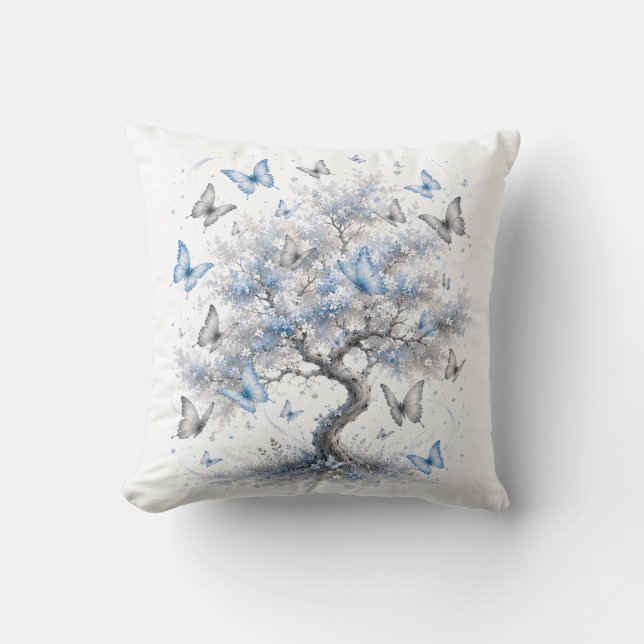 Blue Butterfly Tree Throw Pillow (Front)