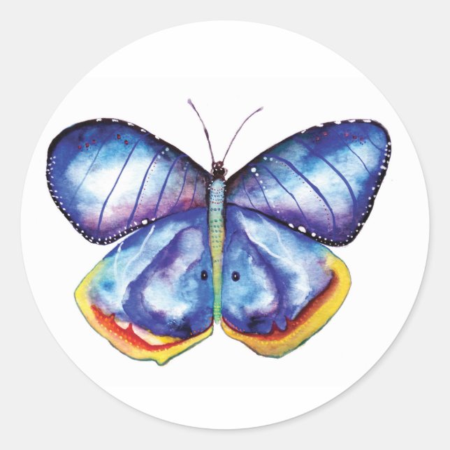 Blue Butterfly Watercolor Classic Round Sticker (Front)