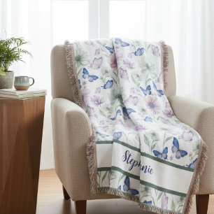 Blue Butterfly Watercolor Meadow Throw Blanket