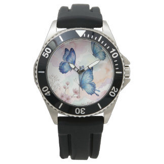 Blue Butterfly Watercolor Wrist Watch ElegantDesig