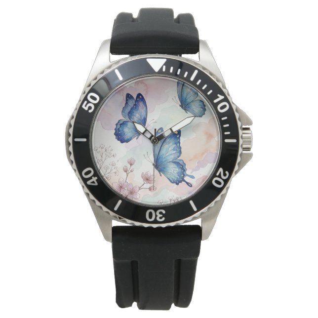 Blue Butterfly Watercolor Wrist Watch ElegantDesig (Front)