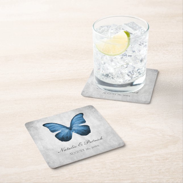 Blue Butterfly Wedding Paper Coasters (Insitu)
