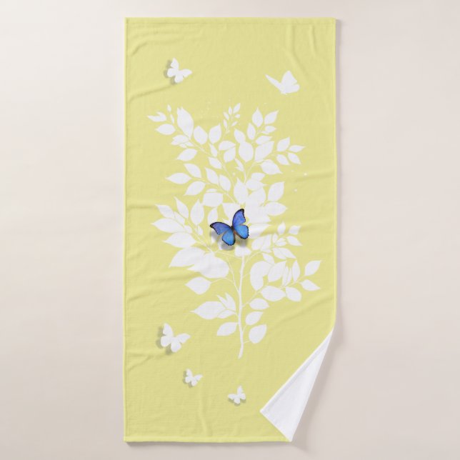 Blue Butterfly white leafy branch  Bath Towel (Bath Towel)