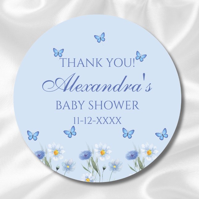 Blue Butterfly Wildflower Baby Shower Thank You Classic Round Sticker (Creator Uploaded)