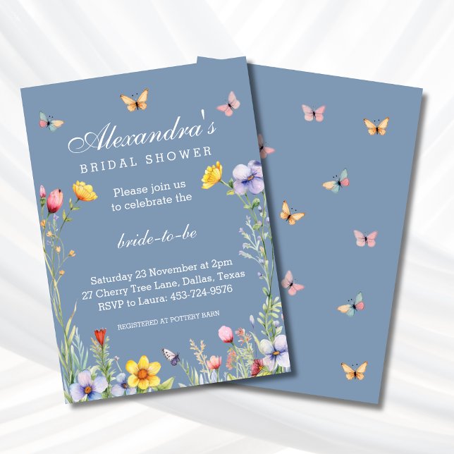 Blue Butterfly Wildflower Spring Bridal Shower Invitation (Creator Uploaded)