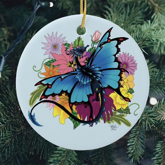  Blue Butterfly Winged Dragon Colourful Flowers Ceramic Tree Decoration (Creator Uploaded)