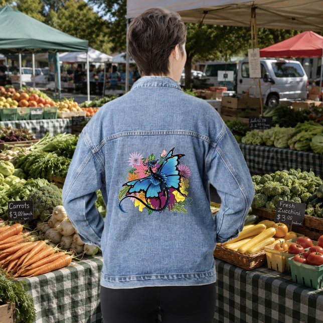  Blue Butterfly Winged Dragon Colourful Flowers Denim Jacket (Creator Uploaded)