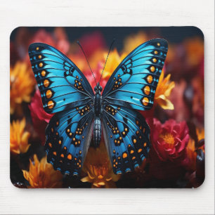 Blue Butterfly with Black Orange Spots on Flower Mouse Pad