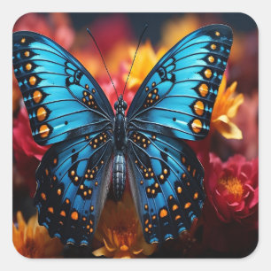 Blue Butterfly with Black Orange Spots on Flower Square Sticker