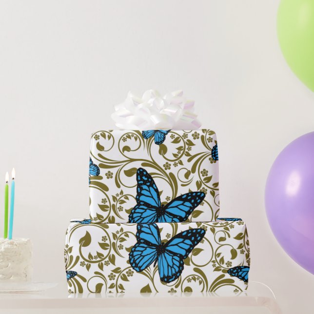 Blue Butterfly with Golden Leaves  Wrapping Paper (Party Gifts)