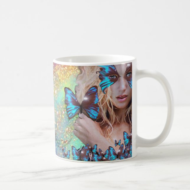 BLUE BUTTERFLY WITH GREEN GOLD SPARKLES COFFEE MUG (Right)