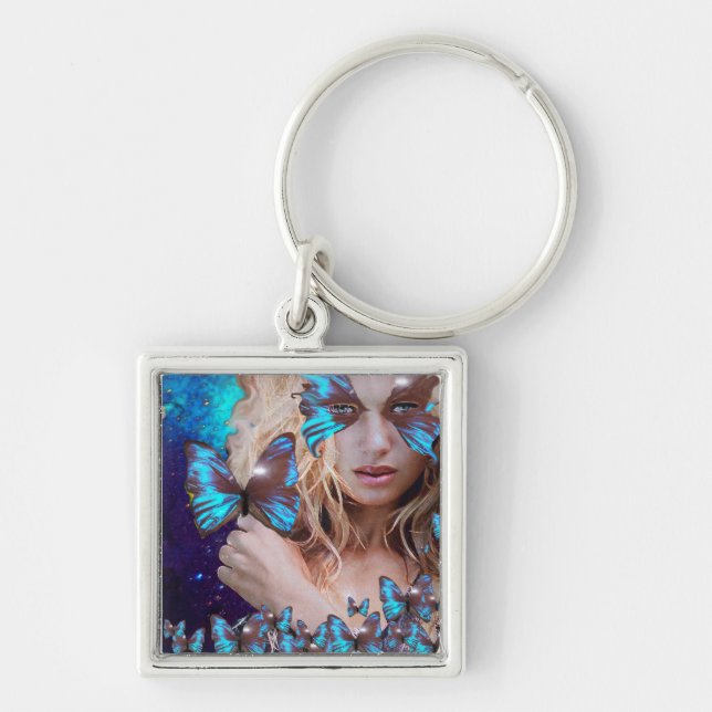 BLUE BUTTERFLY WITH GREEN GOLD SPARKLES KEY RING (Front)