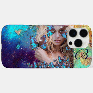BLUE BUTTERFLY WITH GREEN GOLD SPARKLES MONOGRAM iPhone 16 PRO MAX CASE