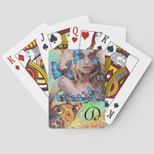 BLUE BUTTERFLY WITH GREEN GOLD SPARKLES MONOGRAM PLAYING CARDS