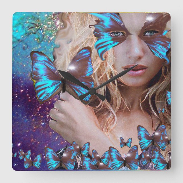 BLUE BUTTERFLY WITH GREEN GOLD SPARKLES SQUARE WALL CLOCK (Front)