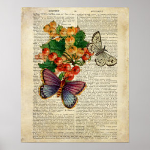 Blue Butterfly with Red Flowers Vintage Art Poster