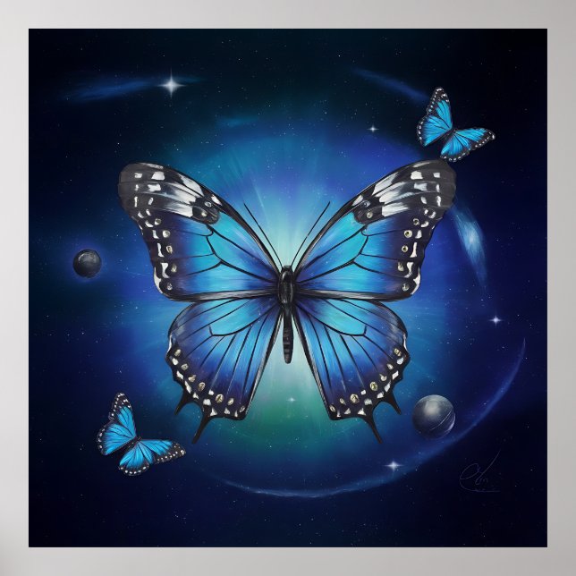 Blue butterfly with stars and planets ... poster (Front)
