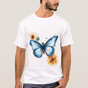 Blue Butterfly with Vintage Floral Watercolor T-Shirt