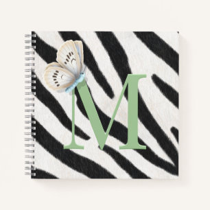 Blue Butterfly & Zebra Fur Green Monogram Custom Notebook