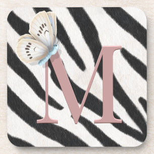 Blue Butterfly & Zebra Fur Rose Monogram Custom Coaster