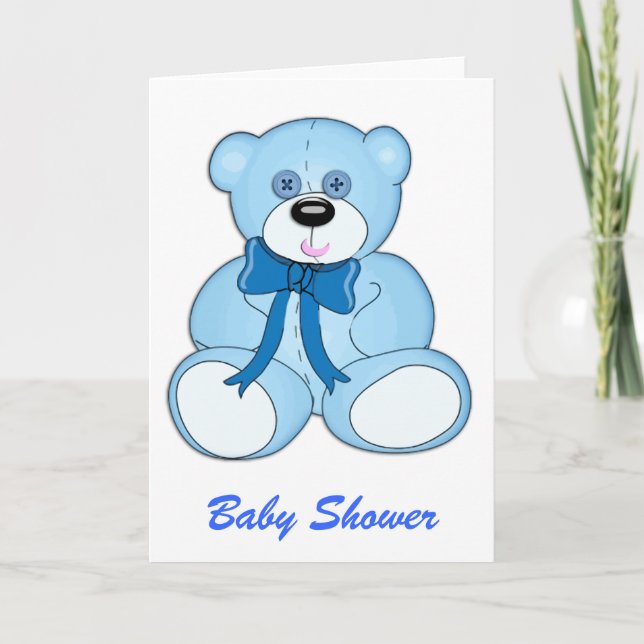 Blue Button Eyed Teddy Bear Baby Shower Invitation (Front)