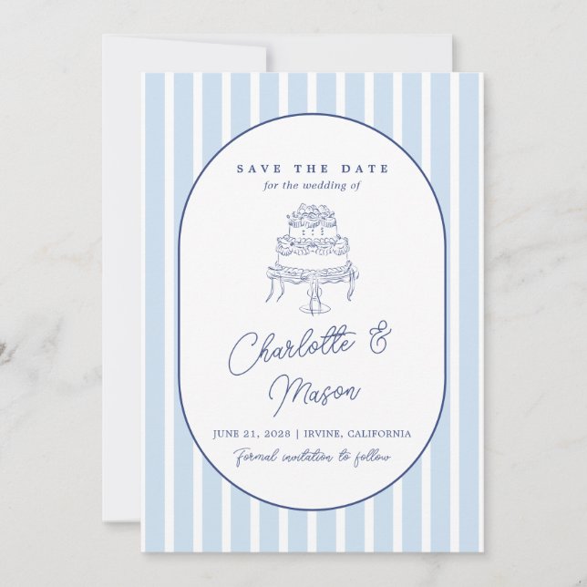 Blue Cabana Stripe Minimalist Save the Date Invitation (Front)