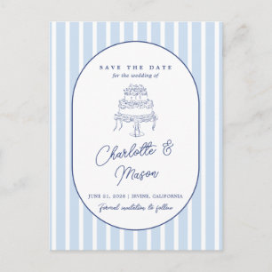 Blue Cabana Stripe Minimalist Save the Date Postcard