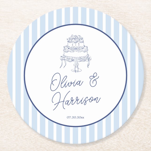 Blue Cabana Stripe Minimalist Wedding Round Paper Coaster (Front)